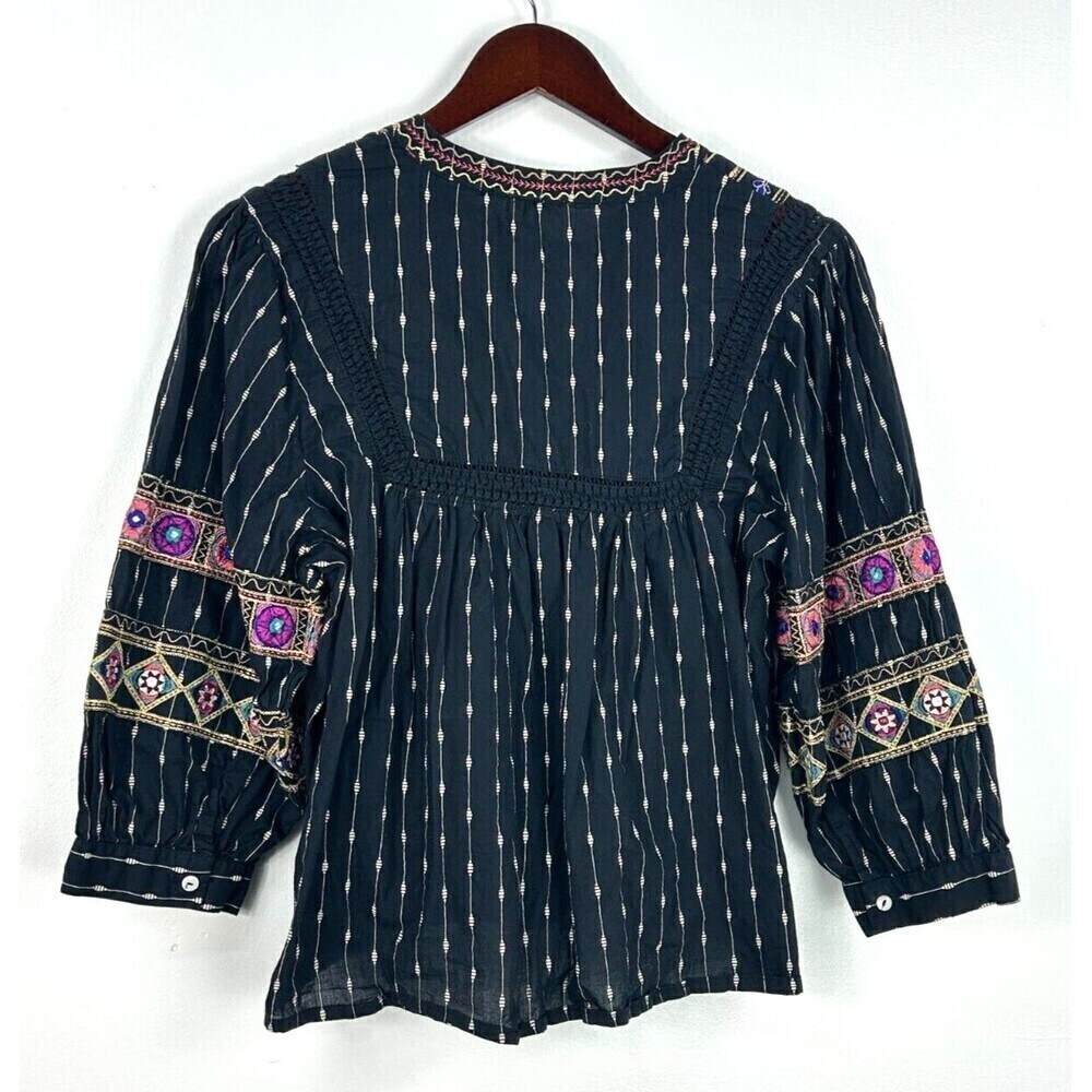 Ultra Pink Women L Top Black Gold Embroider Puff Sleeve Tassel Boho Festival N1 - Picture 6 of 12